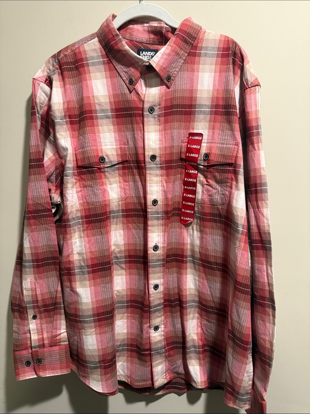 Lands' End Men’s Pink and Red Plaid Button-Down Shirt